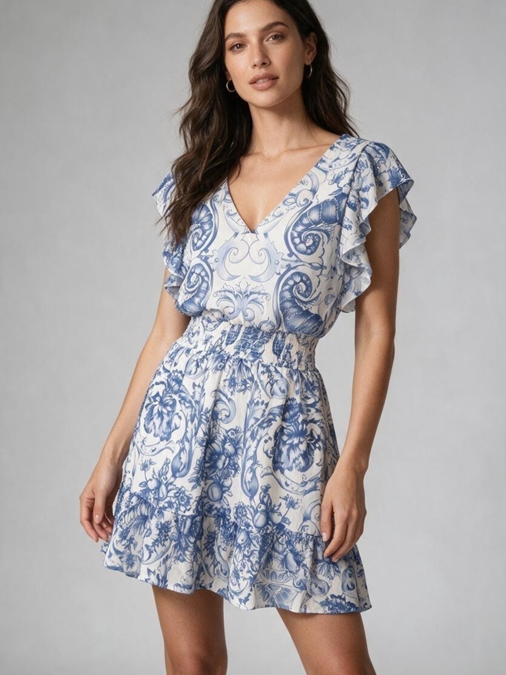Express White and Blue Printed V-Neck Ruffle Mini Dress